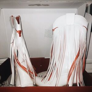White Leather Fringe Western Boots with Orange Accents